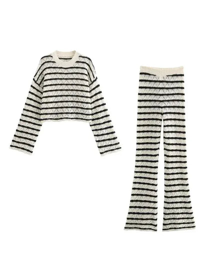 Striped Knit Pants Set with Long Sleeve Top and Flared Bottoms - Shello's Creative Boutique