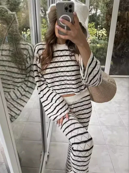 Striped Knit Pants Set with Long Sleeve Top and Flared Bottoms - Shello's Creative Boutique
