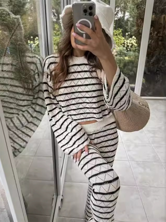 Striped Knit Long Sleeve Flared Pants Set