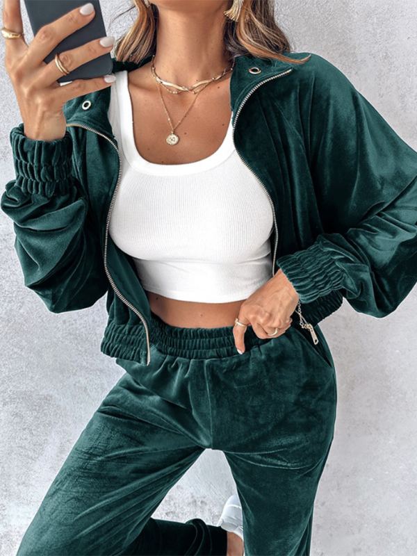 New solid color leisure sports gold velvet long-sleeved pants suit-Shello's Creative Boutique