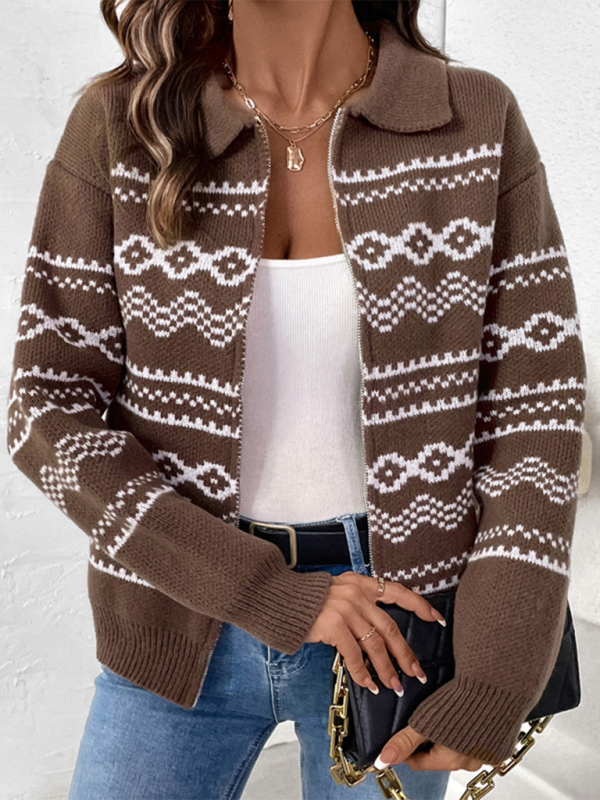 Lapel Casual Ethnic Style Jacquard Zipper Sweater Cardigan – A Blend of Cultural Charm and Cozy Elegance
