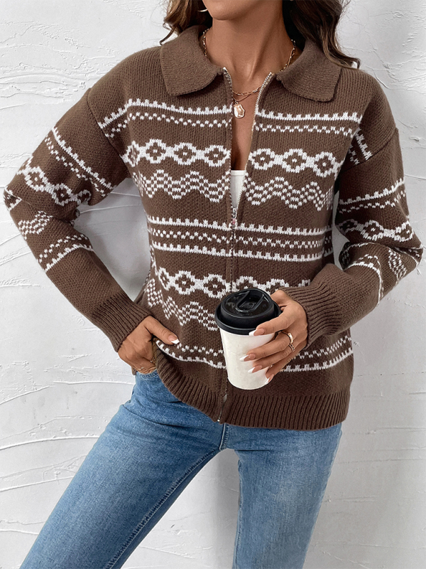 Lapel Casual Ethnic Style Jacquard Zipper Sweater Cardigan – A Blend of Cultural Charm and Cozy Elegance