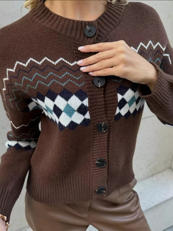 Casual Diamond Jacquard Knit Cardigan - Cozy Sophistication for Everyday Elegance