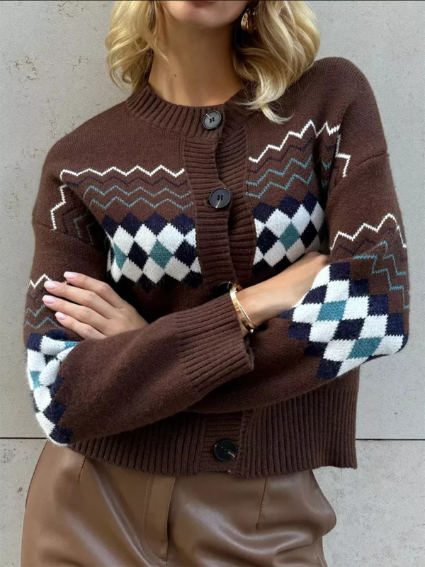 Casual Diamond Jacquard Knit Cardigan - Cozy Sophistication for Everyday Elegance