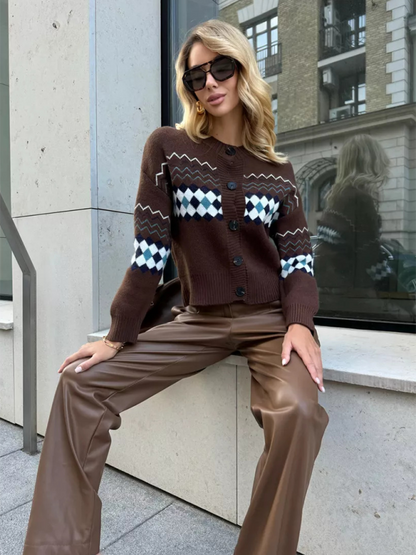 Casual Diamond Jacquard Knit Cardigan - Cozy Sophistication for Everyday Elegance