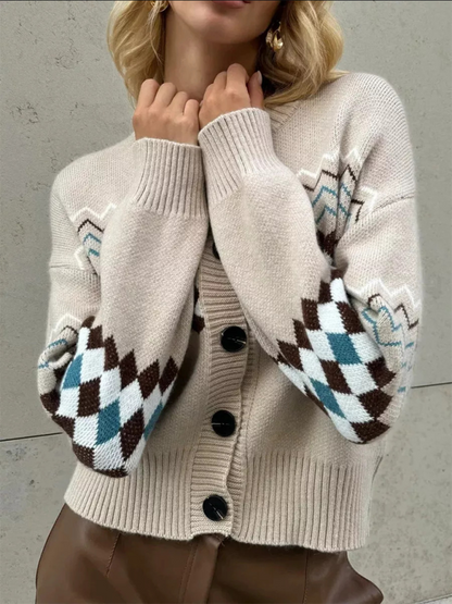 Casual Diamond Jacquard Knit Cardigan - Cozy Sophistication for Everyday Elegance