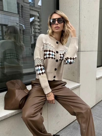Casual Diamond Jacquard Knit Cardigan - Cozy Sophistication for Everyday Elegance