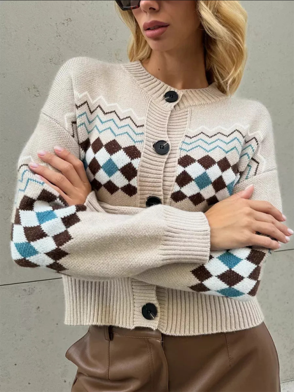 Casual Diamond Jacquard Knit Cardigan - Cozy Sophistication for Everyday Elegance