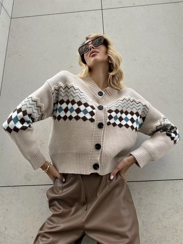 Casual Diamond Jacquard Knit Cardigan - Cozy Sophistication for Everyday Elegance