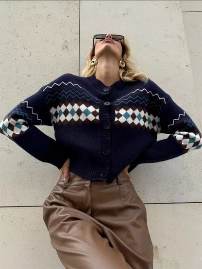 Casual Diamond Jacquard Knit Cardigan - Cozy Sophistication for Everyday Elegance