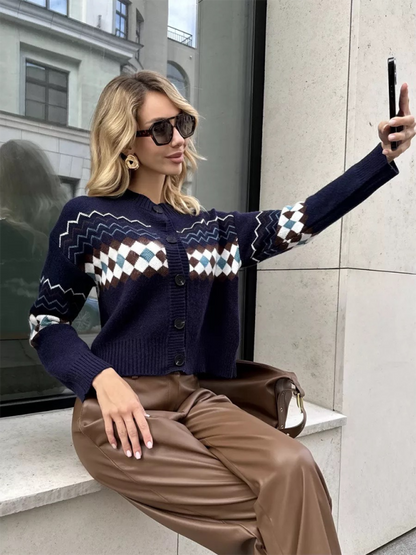 Casual Diamond Jacquard Knit Cardigan - Cozy Sophistication for Everyday Elegance