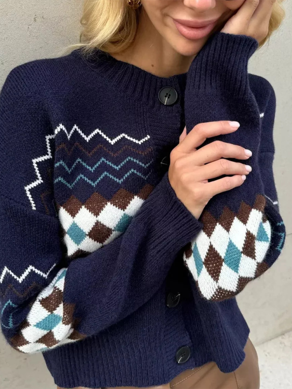 Casual Diamond Jacquard Knit Cardigan - Cozy Sophistication for Everyday Elegance