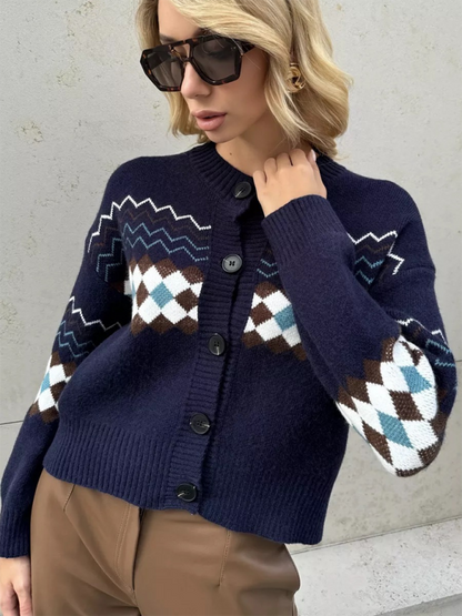 Casual Diamond Jacquard Knit Cardigan - Cozy Sophistication for Everyday Elegance