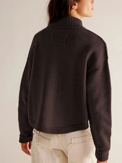 Women's Knit Cardigan Sweater with Standing Collar in Solid Color - Shello's Creative Boutique