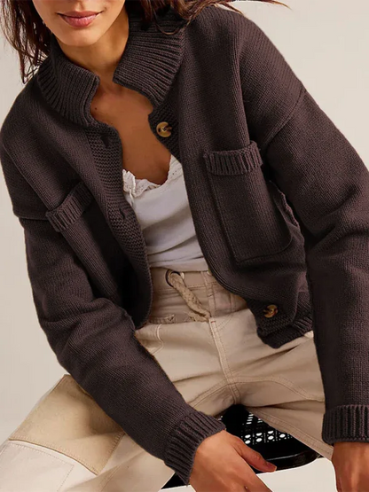 Women's Knit Cardigan Sweater with Standing Collar in Solid Color - Shello's Creative Boutique