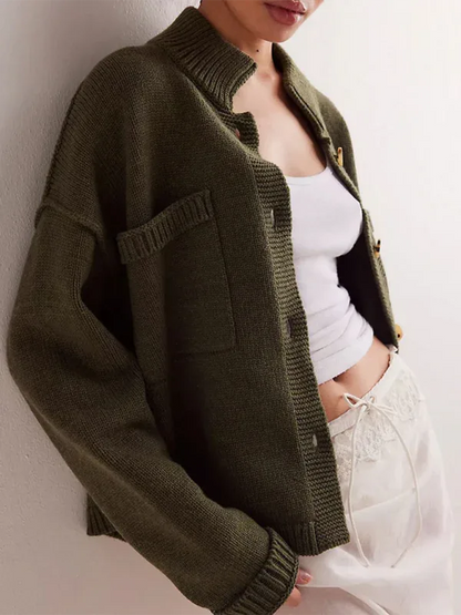 Women's Knit Cardigan Sweater with Standing Collar in Solid Color - Shello's Creative Boutique