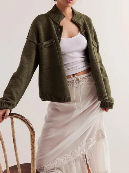 Women's Knit Cardigan Sweater with Standing Collar in Solid Color - Shello's Creative Boutique