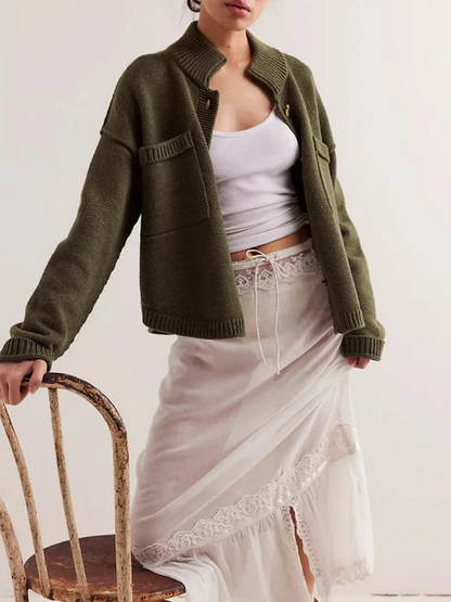 Women's Knit Cardigan Sweater with Standing Collar in Solid Color - Shello's Creative Boutique