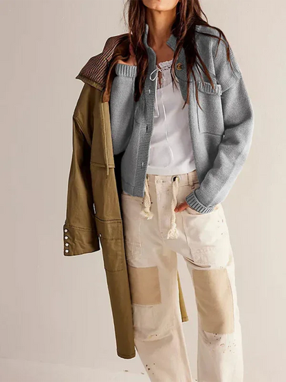 Women's Knit Cardigan Sweater with Standing Collar in Solid Color - Shello's Creative Boutique