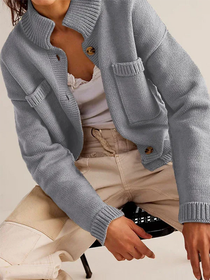 Women's Knit Cardigan Sweater with Standing Collar in Solid Color - Shello's Creative Boutique