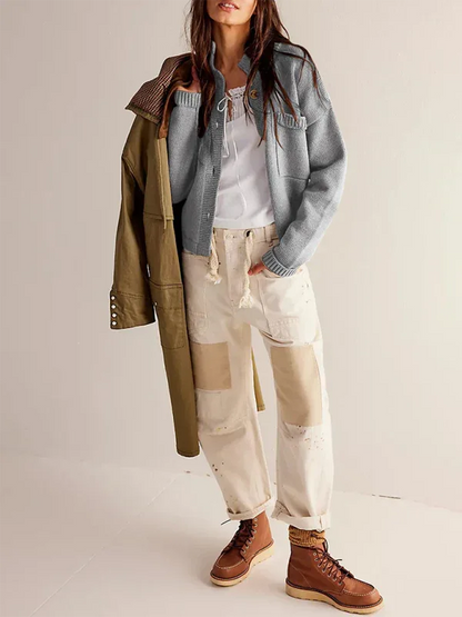 Women's Knit Cardigan Sweater with Standing Collar in Solid Color - Shello's Creative Boutique