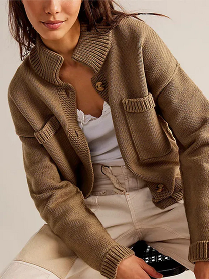 Women's Knit Cardigan Sweater with Standing Collar in Solid Color - Shello's Creative Boutique