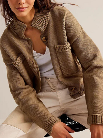 Women's Knit Cardigan Sweater with Standing Collar in Solid Color - Shello's Creative Boutique