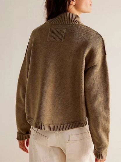 Women's Knit Cardigan Sweater with Standing Collar in Solid Color - Shello's Creative Boutique