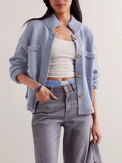 Women's Knit Cardigan Sweater with Standing Collar in Solid Color - Shello's Creative Boutique