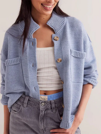 Women's Knit Cardigan Sweater with Standing Collar in Solid Color - Shello's Creative Boutique