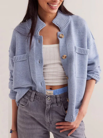 Women's Knit Cardigan Sweater with Standing Collar in Solid Color - Shello's Creative Boutique