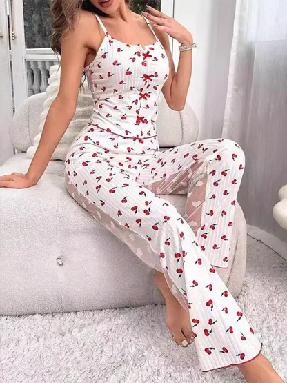New Home Printing Pajama Set - Color Collision Splicing Mesh Front Open Sling Home Wear - Shello's Creative Boutique