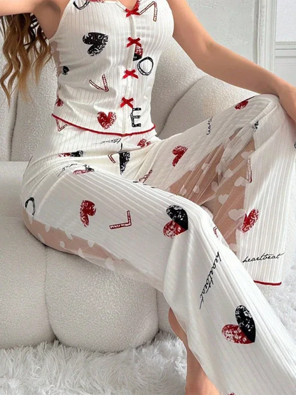 New Home Printing Pajama Set - Color Collision Splicing Mesh Front Open Sling Home Wear - Shello's Creative Boutique
