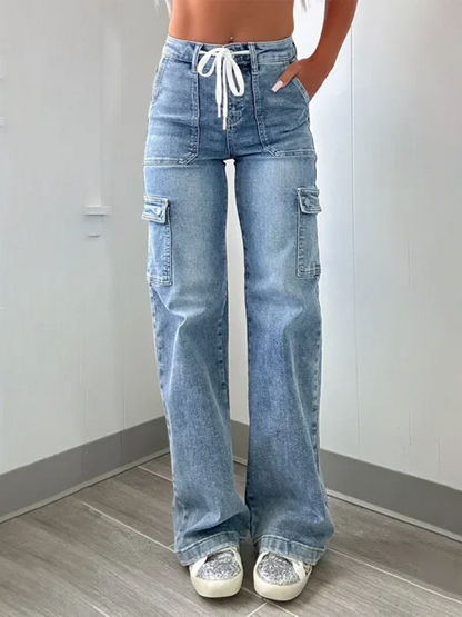 New Casual Workwear Jeans with Lace-Up Design and Multi-Pocket Functionality - Shello's Creative Boutique