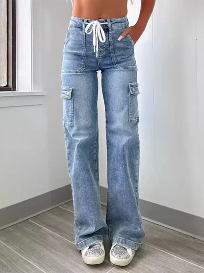 New Casual Workwear Jeans with Lace-Up Design and Multi-Pocket Functionality - Shello's Creative Boutique