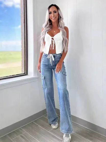 New Casual Workwear Jeans with Lace-Up Design and Multi-Pocket Functionality - Shello's Creative Boutique