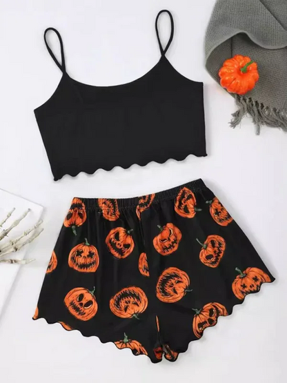 Halloween Pumpkin Pajama Set - Sleeveless Camisole Top and Shorts Homewear - Shello's Creative Boutique