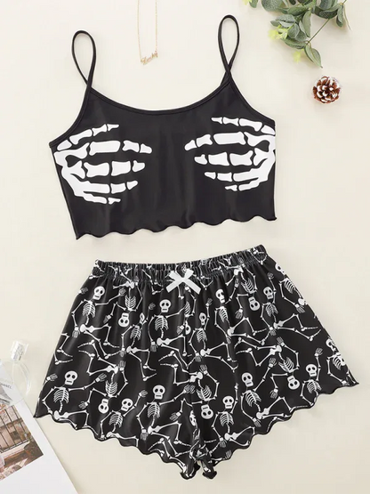 Halloween Pumpkin Pajama Set - Sleeveless Camisole Top and Shorts Homewear - Shello's Creative Boutique