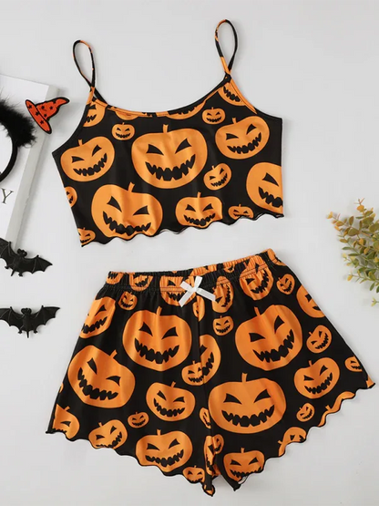 Halloween Pumpkin Pajama Set - Sleeveless Camisole Top and Shorts Homewear - Shello's Creative Boutique