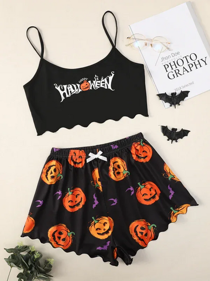 Halloween Pumpkin Pajama Set - Sleeveless Camisole Top and Shorts Homewear - Shello's Creative Boutique