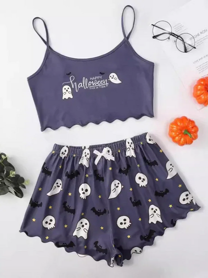 Halloween Pumpkin Pajama Set - Sleeveless Camisole Top and Shorts Homewear - Shello's Creative Boutique