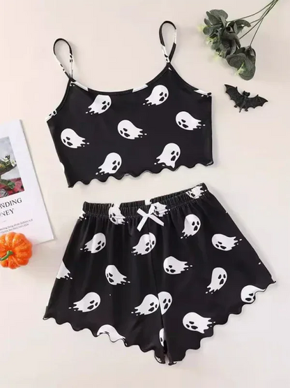 Halloween Pumpkin Pajama Set - Sleeveless Camisole Top and Shorts Homewear - Shello's Creative Boutique