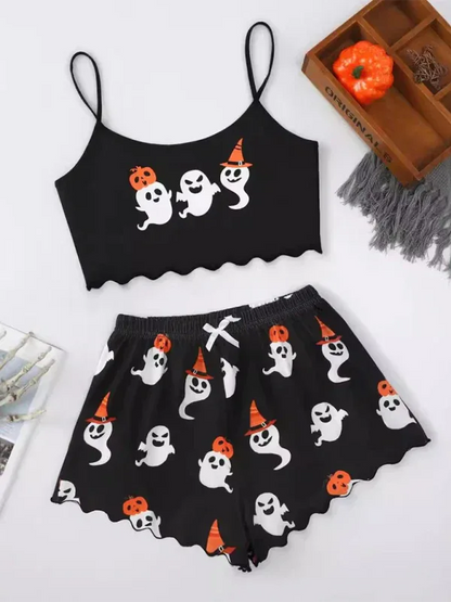 Halloween Pumpkin Pajama Set - Sleeveless Camisole Top and Shorts Homewear - Shello's Creative Boutique