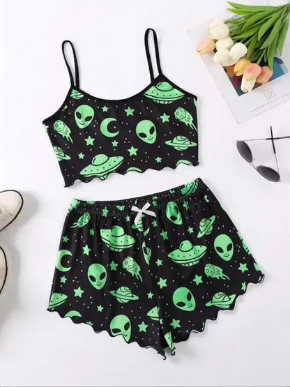 Halloween Pumpkin Pajama Set - Sleeveless Camisole Top and Shorts Homewear - Shello's Creative Boutique