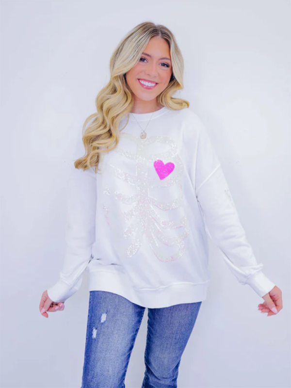 Halloween Skeleton Man Sequin Top Long Sleeve Pullover Sweatshirt Shello's Creative Boutique