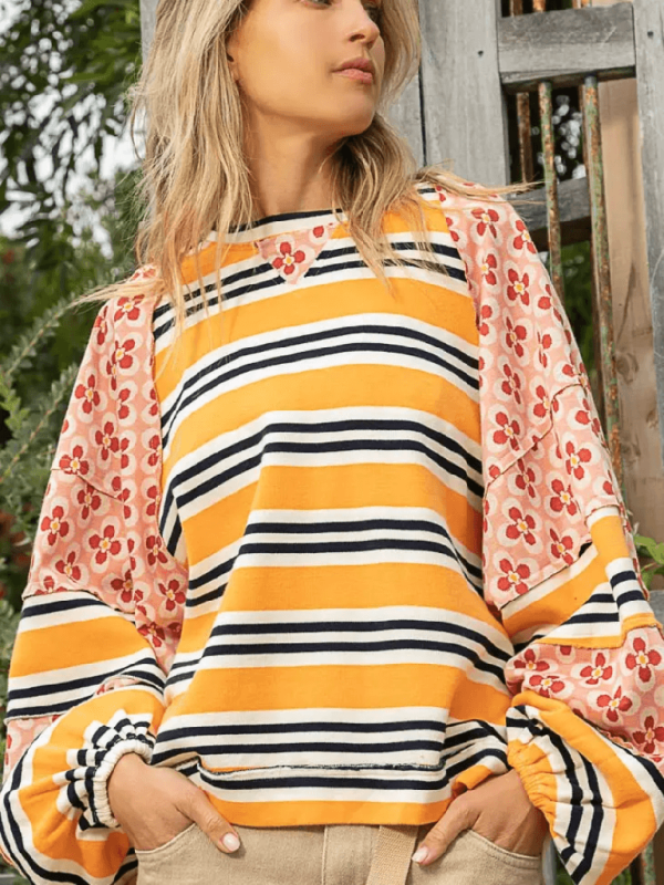 Women's Colorblocking Printed Top Casual Loose Long Sleeve Sweatshirt Shello's Creative Boutique