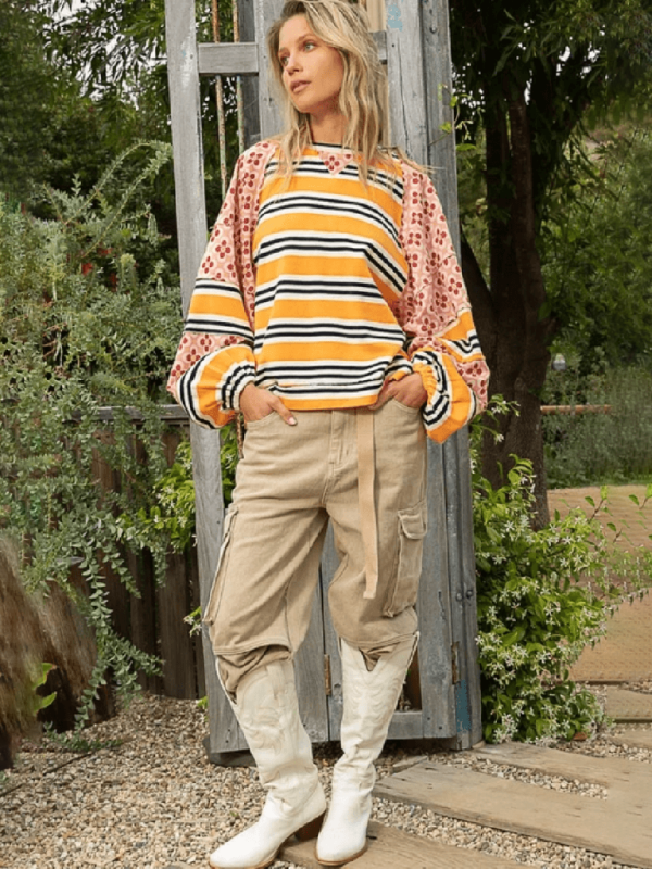 Women's Colorblocking Printed Top Casual Loose Long Sleeve Sweatshirt Shello's Creative Boutique