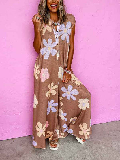 Floral Tie Button Round Neck Wide Leg Jumpsuit – Effortless Elegance for Everyday Wear