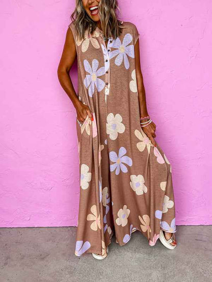 Floral Tie Button Round Neck Wide Leg Jumpsuit – Effortless Elegance for Everyday Wear