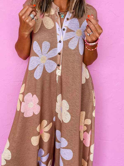Floral Tie Button Round Neck Wide Leg Jumpsuit – Effortless Elegance for Everyday Wear